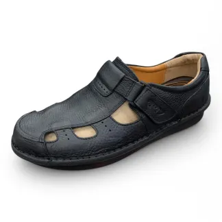 Men’s Black Leather Fisherman Sandals – Cushioned Comfort & Unique Detailing