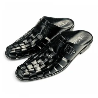 Men’s Brown Leather Woven Sandals – Adjustable Buckle