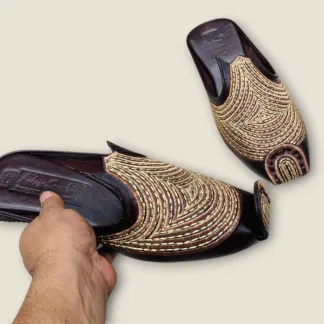 Men’s Handcrafted Luxury Mules – Dark Brown Leather with Gold Embroidery – Traditional Elegance