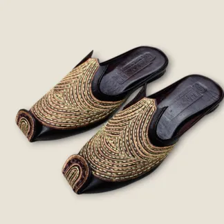 Men’s Handcrafted Luxury Mules – Dark Brown Leather with Gold Embroidery – Traditional Elegance