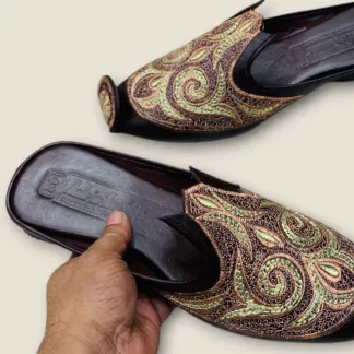 Men’s Handcrafted Luxury Mules – Dark Brown Leather with Gold Embroidery – Traditional Elegance