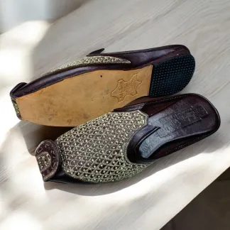Men’s Handcrafted Luxury Mules – Dark Leather with Intricate Gold Dot Embroidery – Traditional Elegance