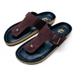 Men’s Stylish T-Strap Sandals – Rich Brown Suede-like with Cork-Inspired Sole