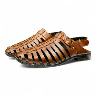 Men’s Brown Netted Leather Sandals – Classic Comfort & Style