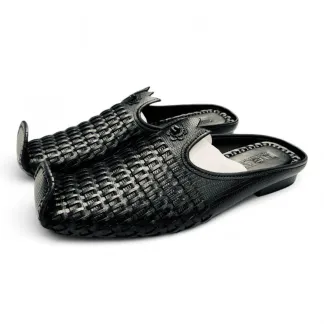 Men’s Black Woven Leather Half Sandal – Classic Peshawari Style Comfort