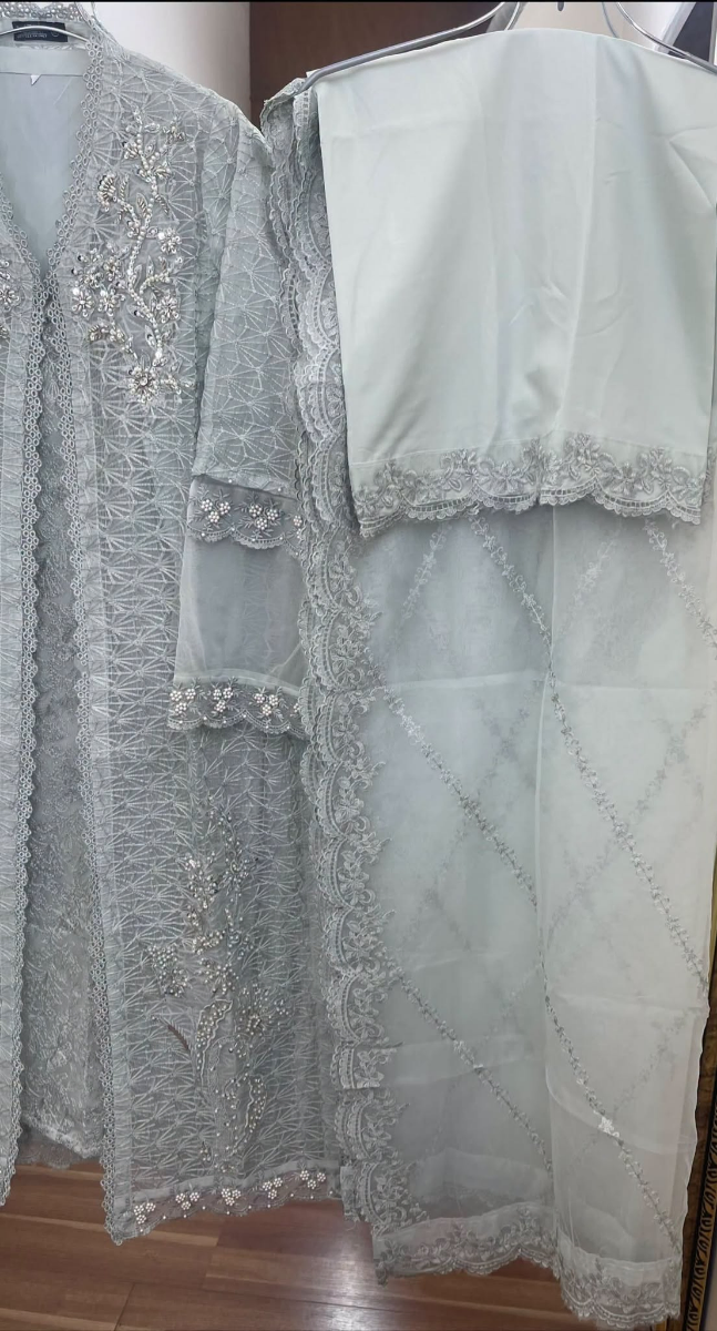 Pakistani Original Mona Embroidery Organza Stitched Gown 4Pcs_ Ash Gray