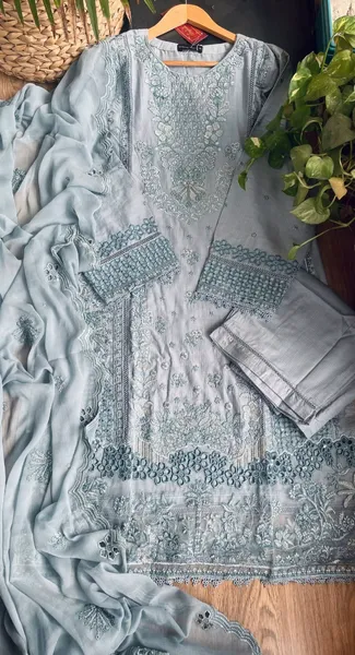 Original Pakistani Sadabahar Luxury Cotton Stitched 3Pc With Chiffon Dupatta _ Aqua Gray