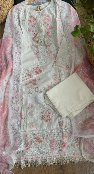 Pakistani Original Bin Saeed Stitched 3Pc With Chiffon Dupatta  _ Off White 