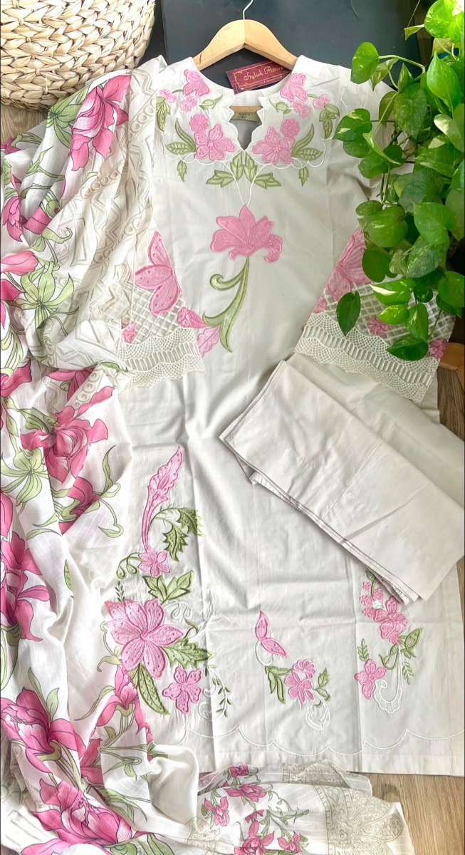 Original Pakistani Sahiba's By Mirza Embroidered Stitched Lawn 3Pc _ Ivory 