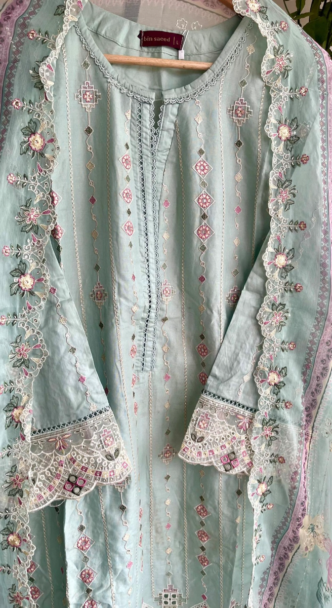 Pakistani Original Bin Saeed Stitched 3Pc With Chiffon Dupatta _ Aqua Mint 