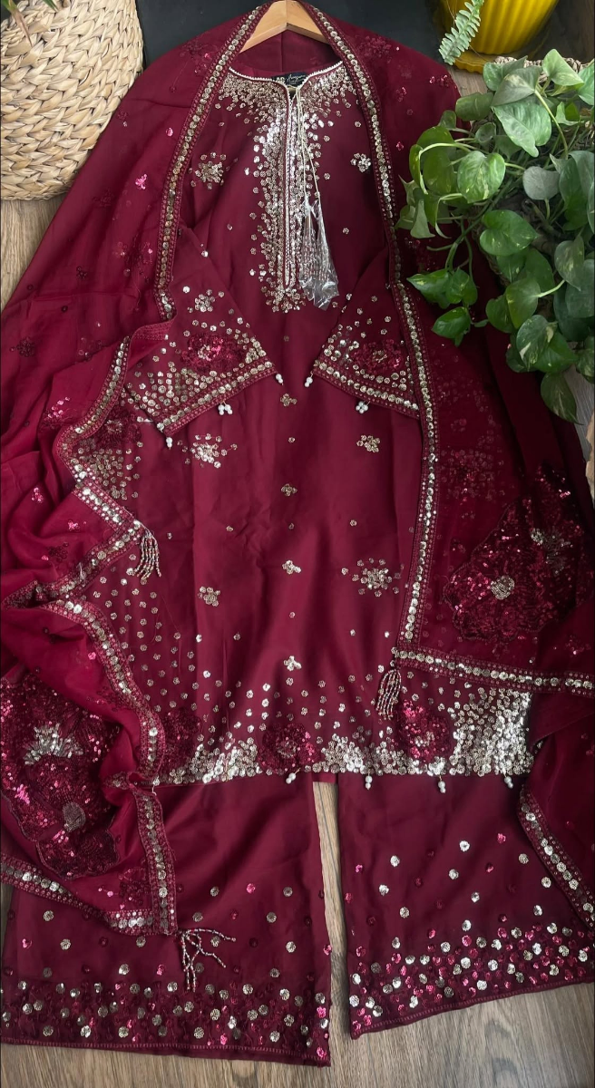 Original Pakistani Chiffon Stitched 3Pcs By Rangoon _ Maroon