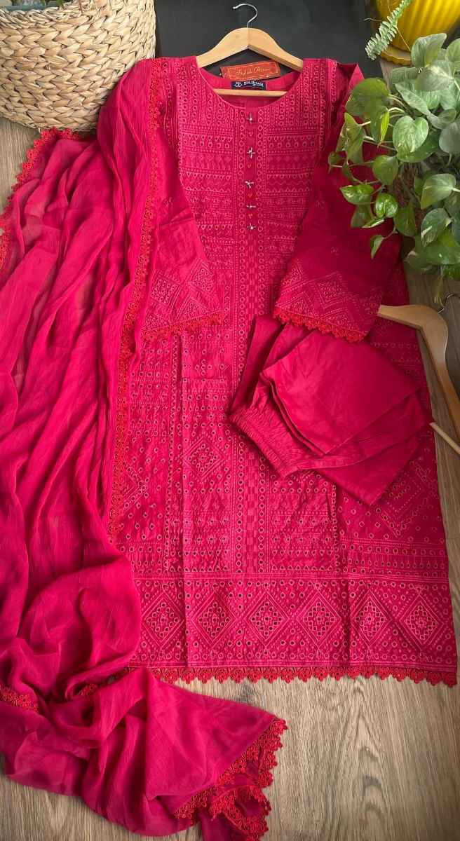 Pakistani Original Hayat’s Embroidered Stitched - Cotton 3Pcs _ Red 