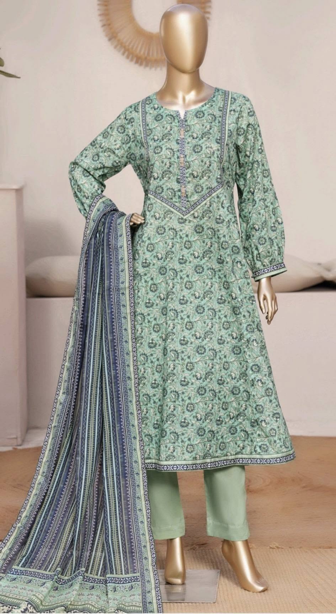 Pakistani Original Bin Saeed Printed Frock Stitched 3Pcs_Light Green