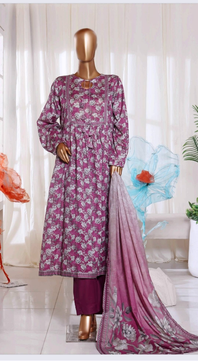 Pakistani Original Bin Saeed Printed Frock Stitched 3Pcs_ Purple