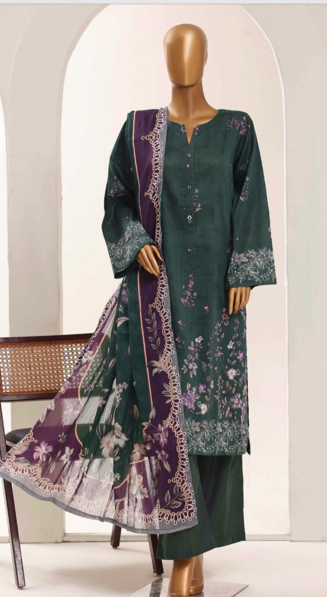 Pakistani Original Sadabahar Printed Lawn Stitched 3Pcs _ Dark Green