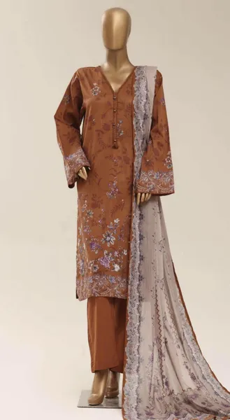 Pakistani Original Sadabahar Printed Lawn Stitched 3Pcs _ Dark Bronze