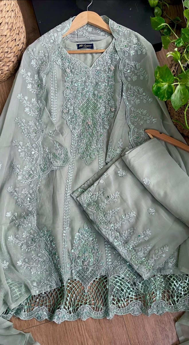 Original Pakistani Chiffon Stitched Frock With Palazzo Set _ Mint Blue