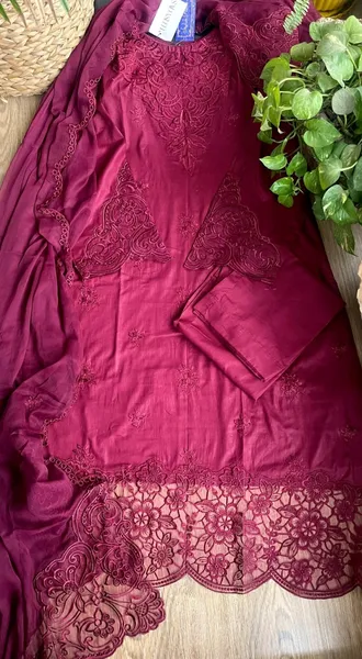 Original Pakistani Boutique Cambric Cotton Stitched 3Pcs _ Dark Maroon 