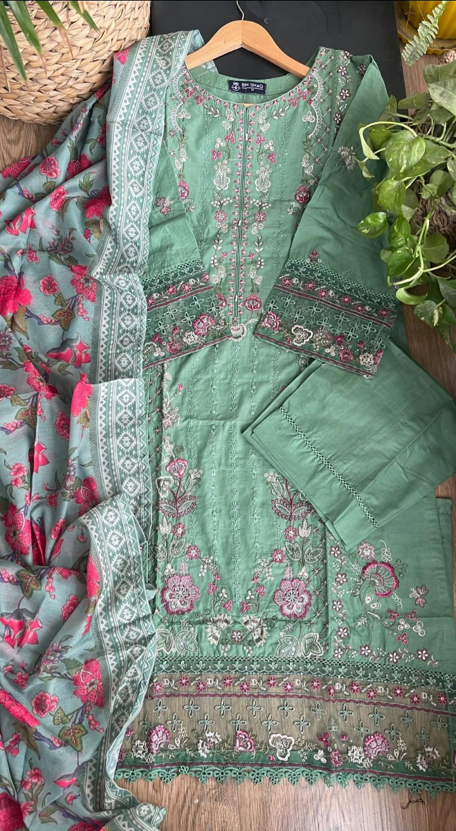Pakistani Original Hayat’s Embroidered Stitched Cotton 3Pcs _ Green 