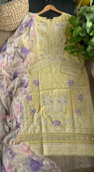 Original Pakistani Sadabahar Luxury Cotton Stitched 3Pc With Chiffon Dupatta _ Yellow
