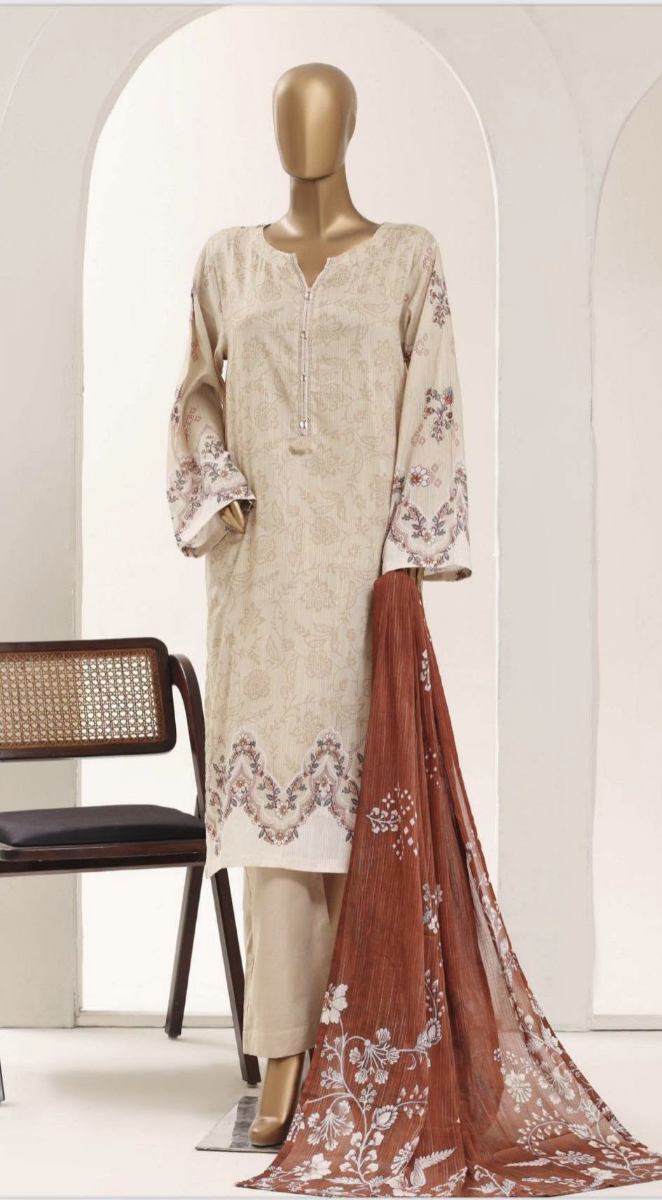 Pakistani Original Sadabahar Printed Lawn Stitched 3Pcs _ Beige