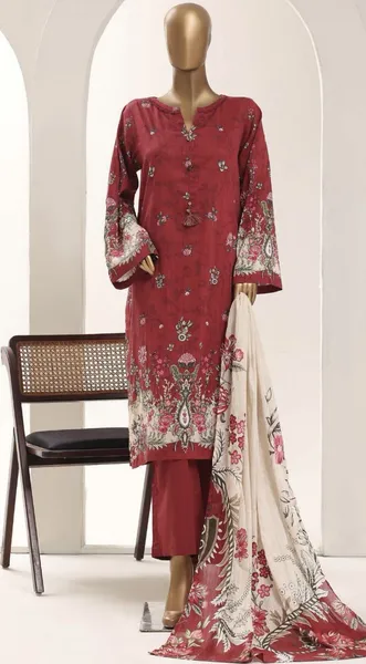 Pakistani Original Sadabahar Printed Lawn Stitched 3Pcs _ Maroon_