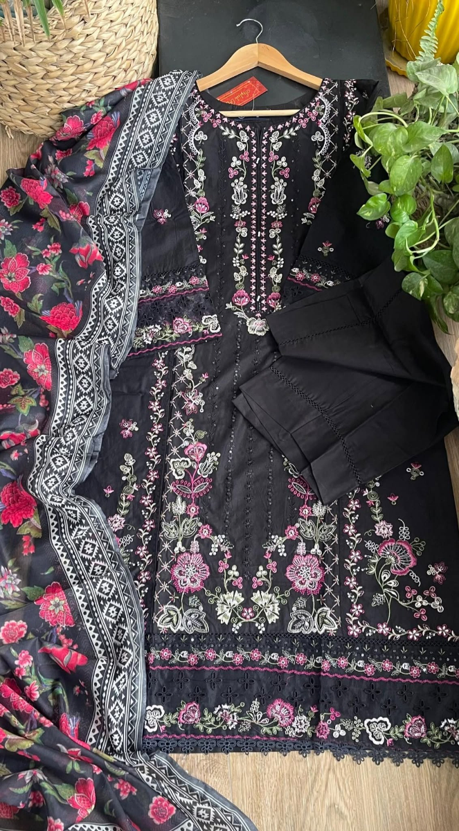 Pakistani Original Hayat’s Embroidered Stitched Cotton 3Pcs _ Black 
