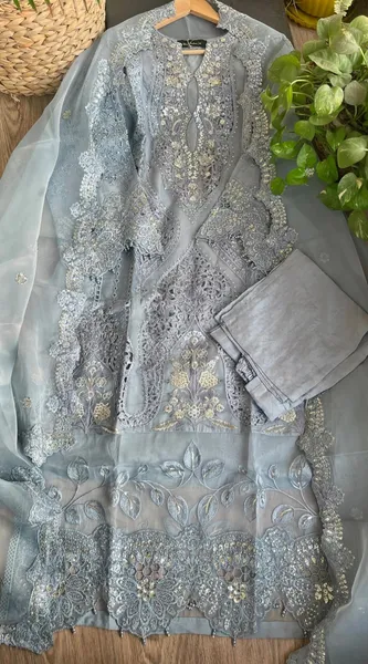 Pakistani Original Nau Bahar Luxury Organza Stitched 3Pcs _ Dark Aqua 