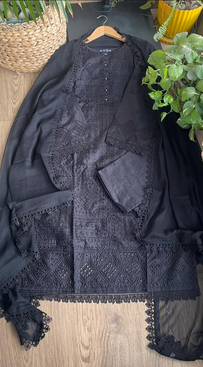 Pakistani Original Hayat’s Embroidered Stitched Cotton 3Pcs _ Black_