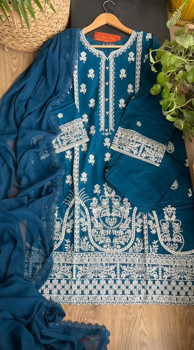 Pakistani Original Hayat’s Embroidered Stitched Cotton 3Pcs _ Blue