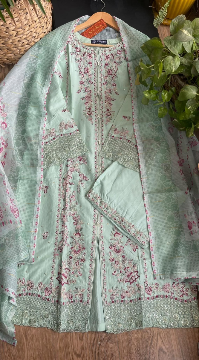 Pakistani Original Hayat’s Sister Brand Bin Ishaq Stitched Cotton 3Pcs Collection _ Aqua
