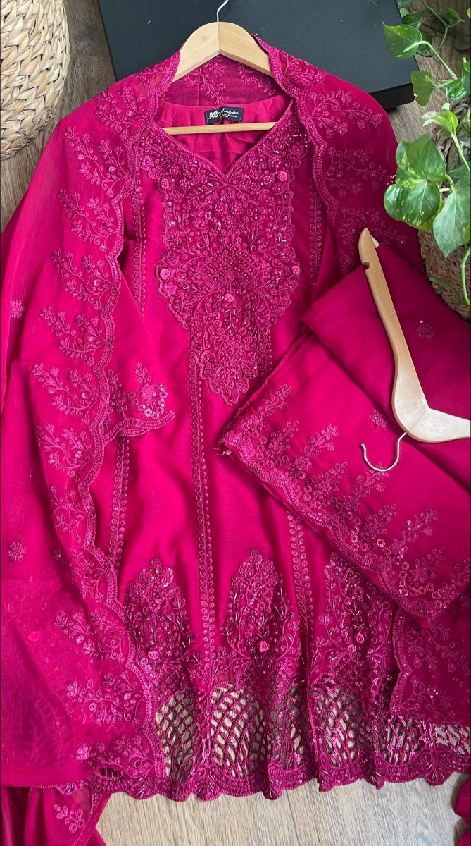Original Pakistani Chiffon Stitched Frock With Palazzo Set _ Magenta