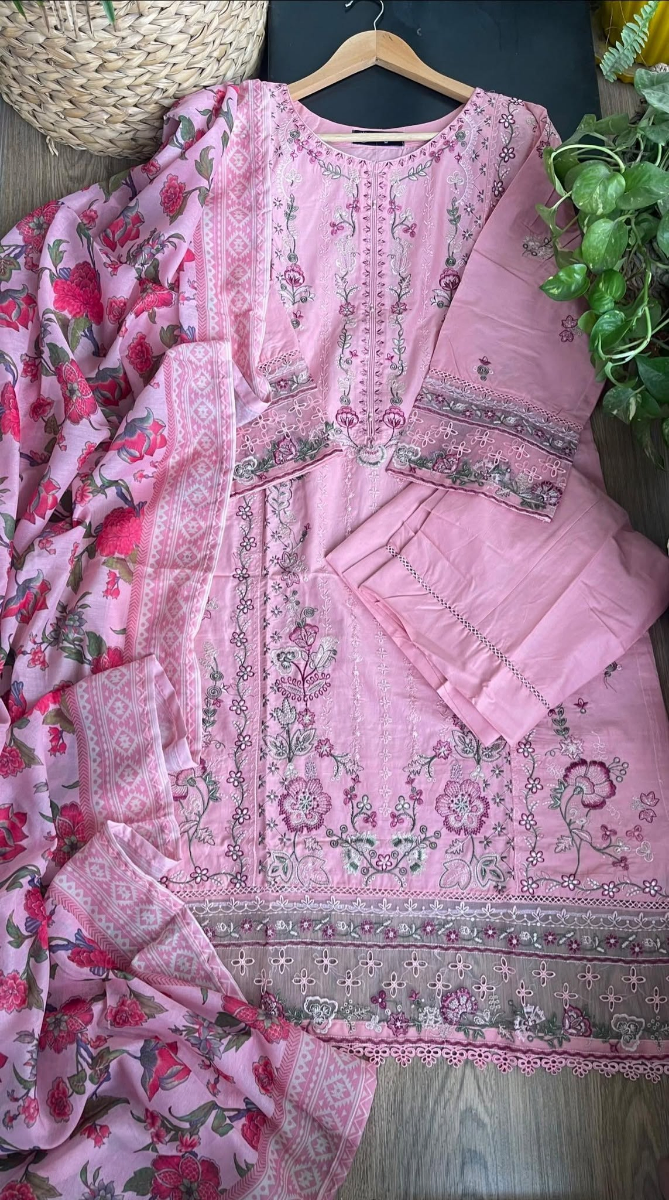 Pakistani Original Hayat’s Embroidered Stitched Cotton 3Pcs _ Pink 