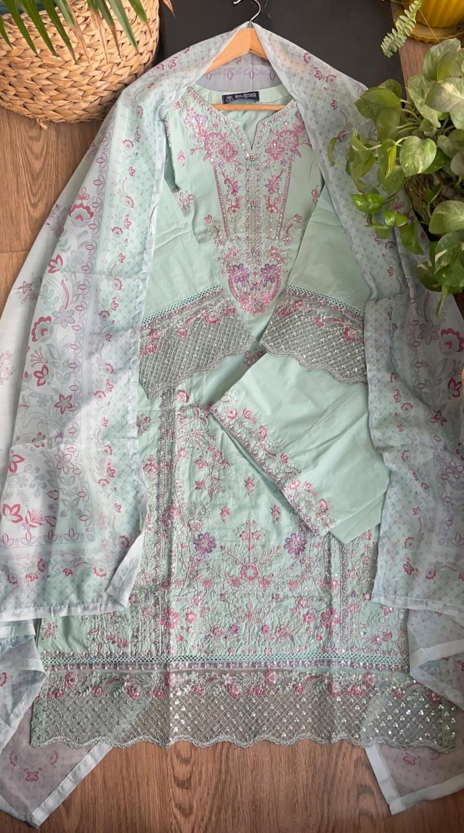Pakistani Original Hayat’s Sister Brand Bin Ishaq Stitched Cotton 3Pcs Collection _ Mint