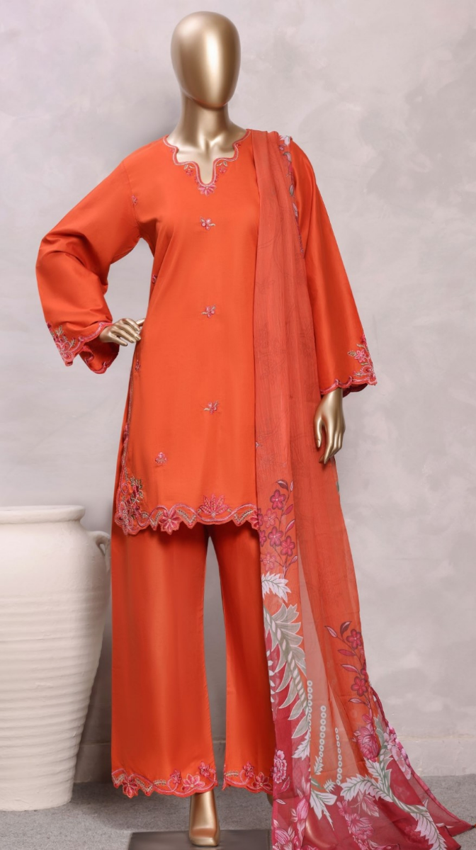 Pakistani Original Sadabahar Eclair Embroidered Lawn Stitched 3 Piece Suit _ Rust