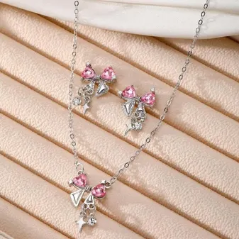3 Pcs Stylish Bow Pink Rhinestones Necklace Set
