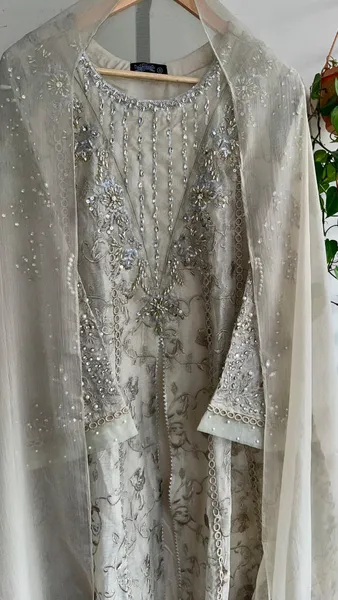 Pakistani Original Mona Embroidery Cotton Net Stitched Gown 3Pcs _ Beige