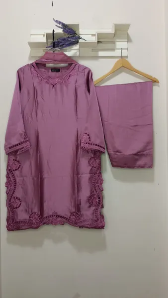 Pakistani Lasercut Silk Stitched 3Pcs with Chiffon Dupatta & Farshi Salwar _ Mauve