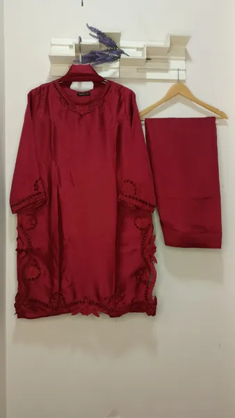 Pakistani Lasercut Silk Stitched 3Pcs with Chiffon Dupatta & Farshi Salwar _ Maroon