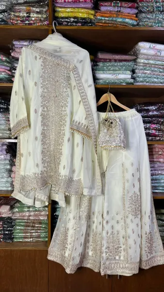 Original Pakistani Luxury Chiffon Sharara Stitched 3Pcs _ Off White