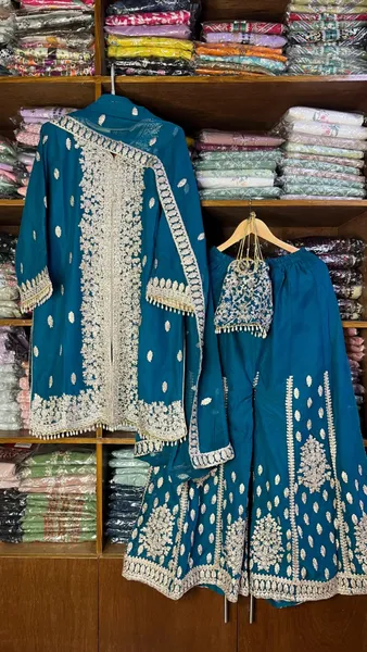 Original Pakistani Luxury Chiffon Sharara Stitched 3Pcs _ Sea Blue