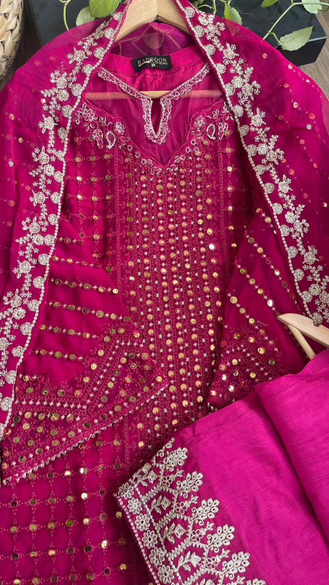 Original Pakistani Rangoon Chiffon Stitched 3Pcs _ Magenta