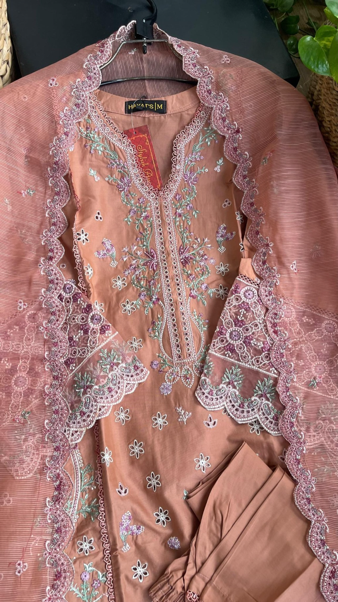 Original Pakistani Hayat’s Luxury Cotton Stitched 3Pcs _ Dark Salmon