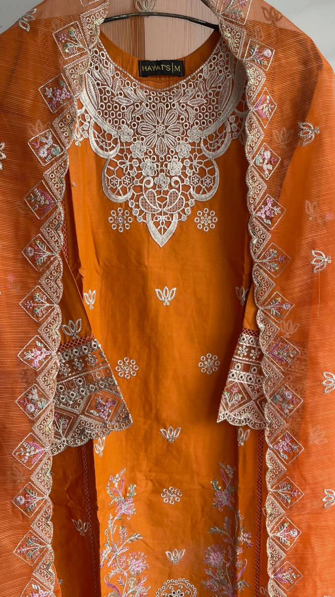 Original Pakistani Hayat’s Luxury Cotton Stitched 3Pcs _ Orange