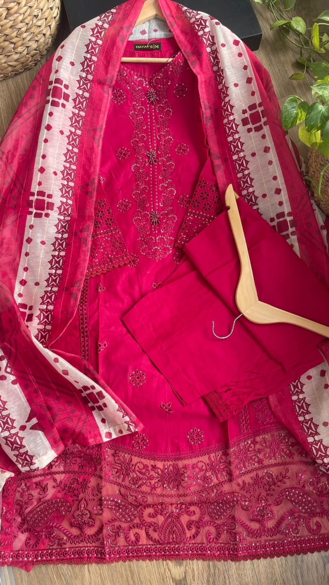 Original Pakistani Hayat’s Cotton Embroidered Stitched 3pcs _ Magenta Pink