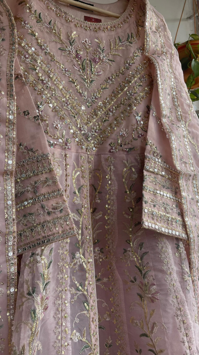Pakistani Original Mona Embroidery Organza Stitched Gown 3Pcs _ Pink 