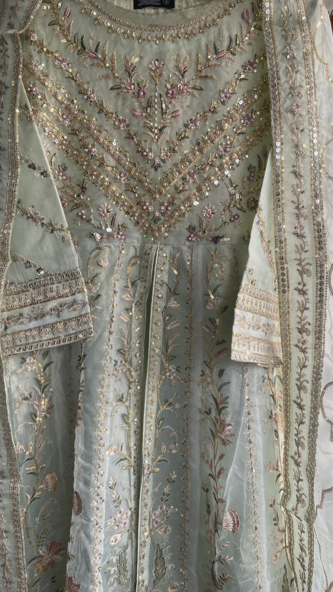 Pakistani Original Mona Embroidery Organza Stitched Gown 3Pcs _ Mint 