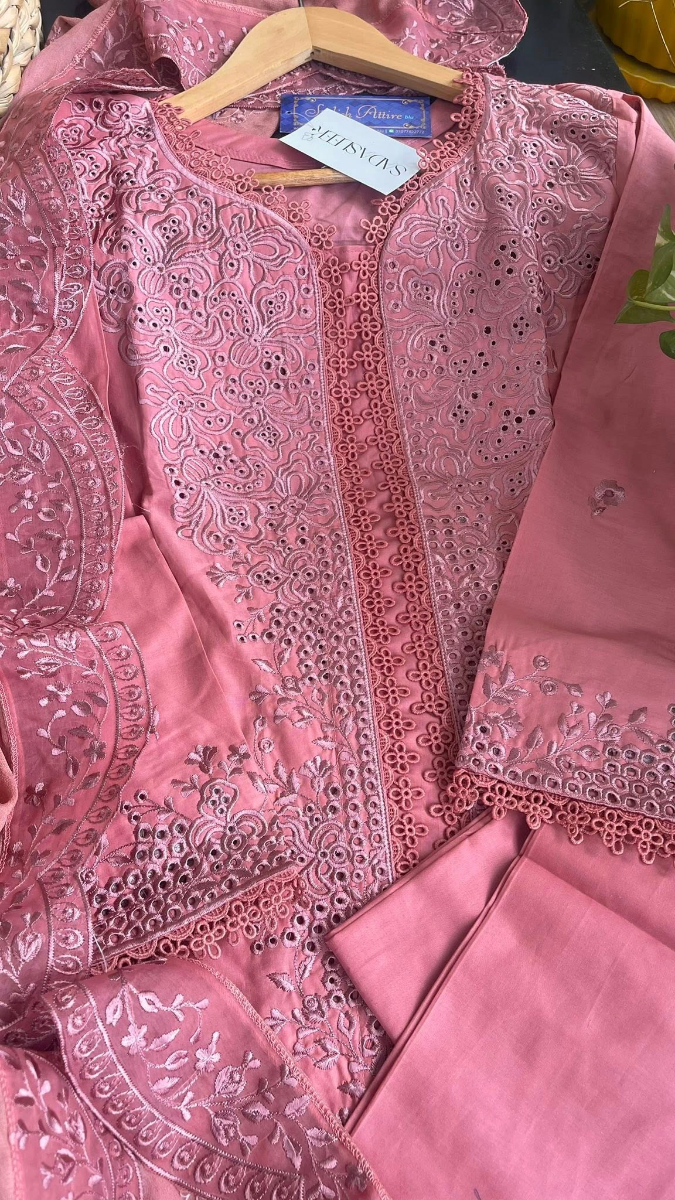 Original Pakistani Cotton Boring Embroidered Stitched 3Pc Sadasleek Gul E Rose _ Mauve Pink 
