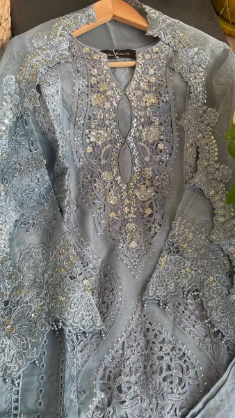 Pakistani Original Nau Bahar Luxury Organza Stitched 3Pcs _ Dark Aqua 