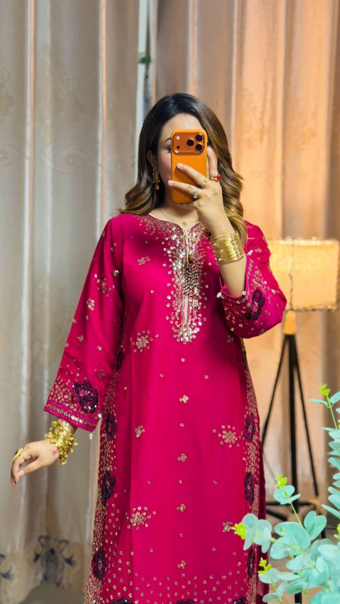 Original Pakistani Chiffon Stitched 3Pcs By Rangoon _ Magenta